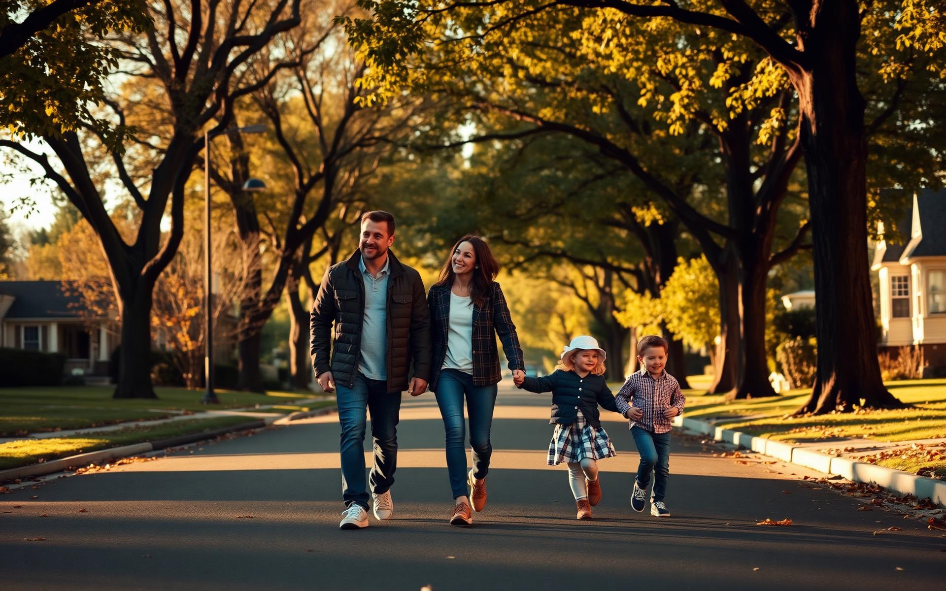 A family walking down a tree-lined New Jersey street in autumn